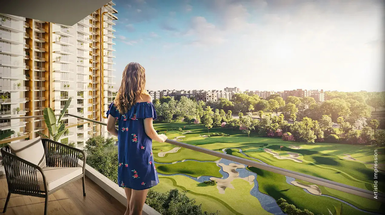 Supplied residence balcony overlooking a golf-inspired landscape · artist’s impression